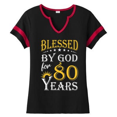 Vintage Blessed by God for 80 years Happy 80th Birthday Ladies Halftime Notch Neck Tee