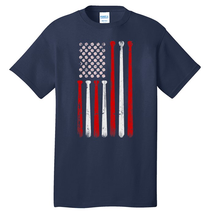 Vintage Baseball Bat American USA Flag Baseball Graphic Tall T-Shirt