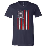 Vintage Baseball Bat American USA Flag Baseball Graphic V-Neck T-Shirt