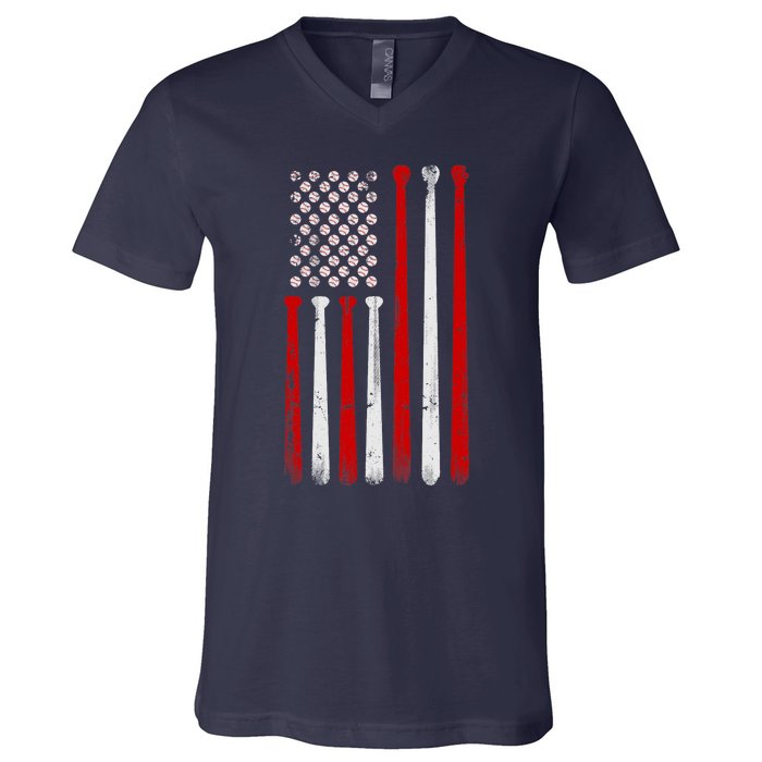 Vintage Baseball Bat American USA Flag Baseball Graphic V-Neck T-Shirt