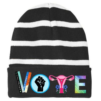 Vote Banned Books Reproductive Rights Blm Political Activism Striped Beanie with Solid Band