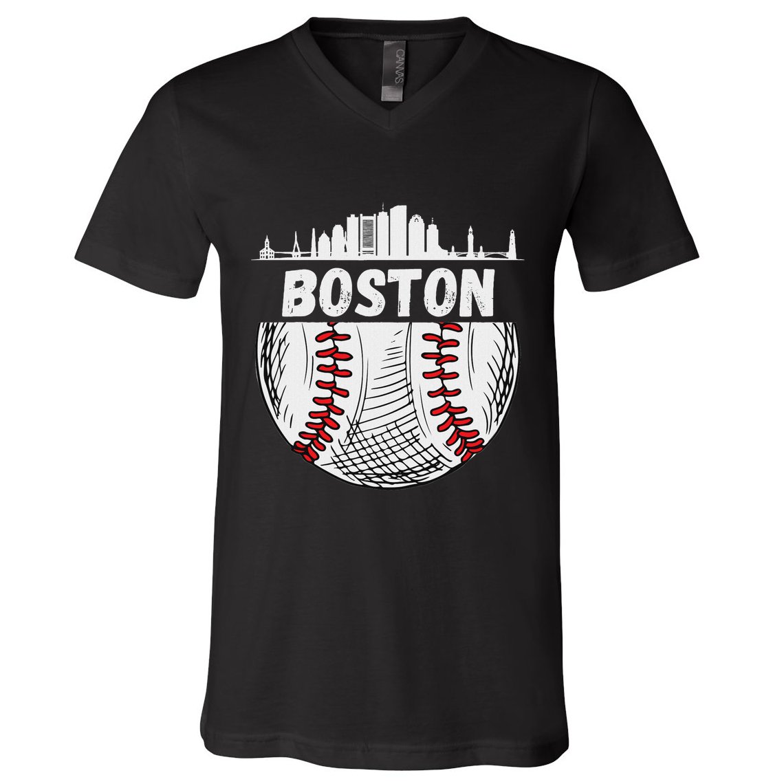 Vintage Boston Baseball Skyline Boston Baseball Graphic V-Neck T-Shirt