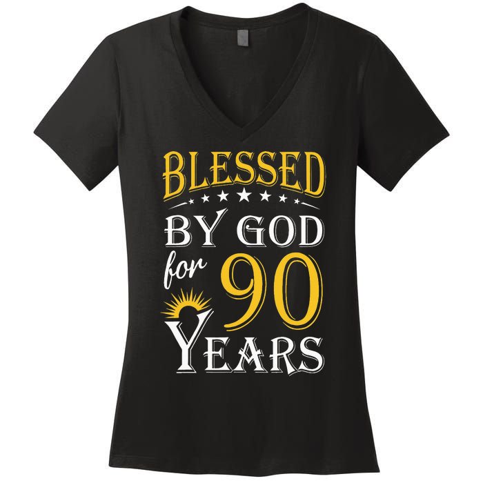 Vintage Blessed by God for 90 years Happy 90th Birthday Women's V-Neck T-Shirt