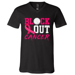 Volleyball Breast Cancer Awareness Block Out Cancer V-Neck T-Shirt