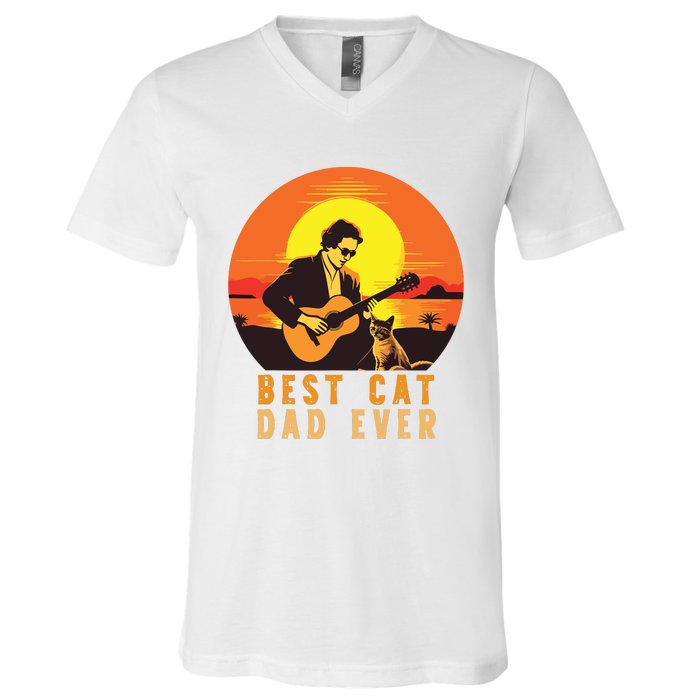 Vintage Best Cat Dad Ever Funny Cat Dad V-Neck T-Shirt