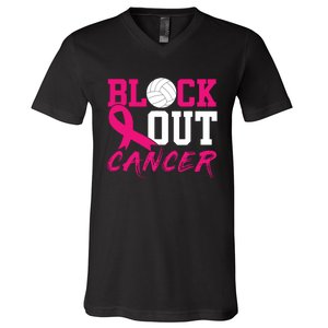 Volleyball Breast Cancer Awareness Block Out Cancer V-Neck T-Shirt