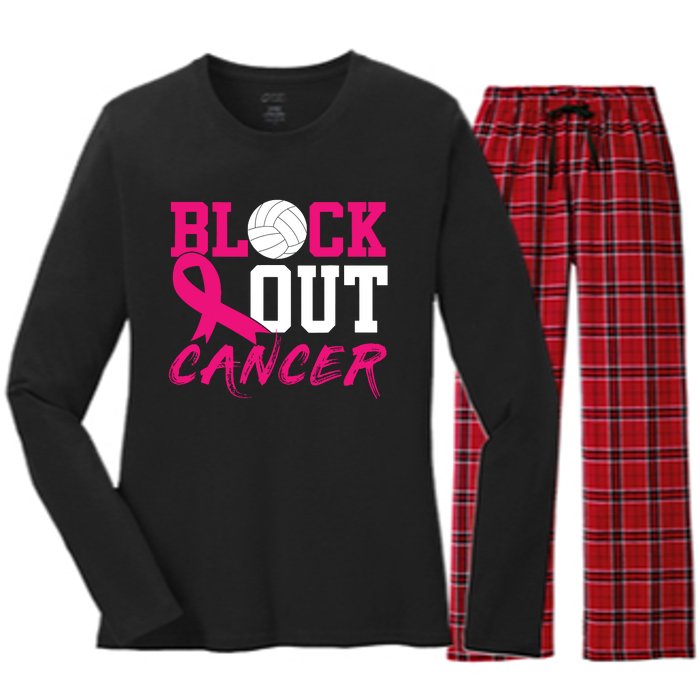 Volleyball Breast Cancer Awareness Block Out Cancer Women's Long Sleeve Flannel Pajama Set 