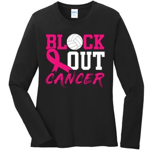 Volleyball Breast Cancer Awareness Block Out Cancer Ladies Long Sleeve Shirt