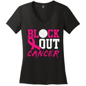 Volleyball Breast Cancer Awareness Block Out Cancer Women's V-Neck T-Shirt