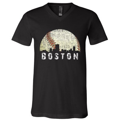 Vintage Boston Cityscape Baseball Lover Men Women Kids V-Neck T-Shirt