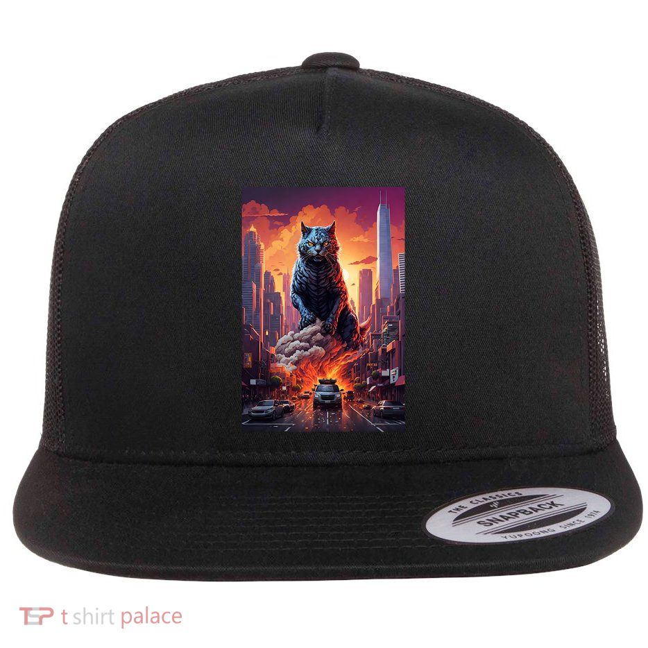 Vintage Black Catzilla Japanese Sunset Cat Art Cat Lover Gift Flatbill Hat