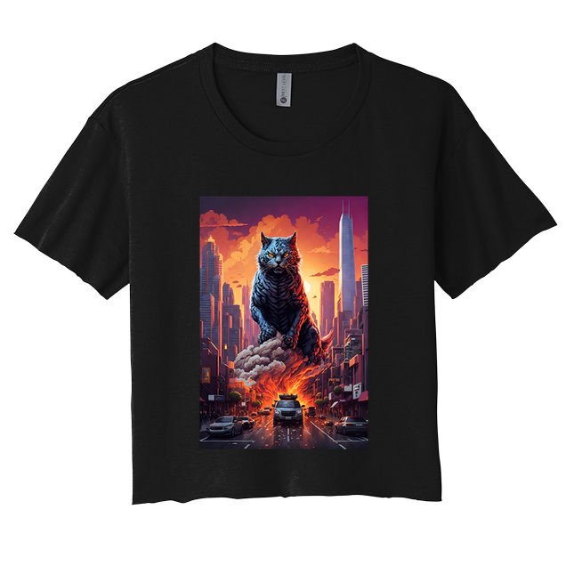 Vintage Black Catzilla Japanese Sunset Cat Art Cat Lover Gift Crop Top