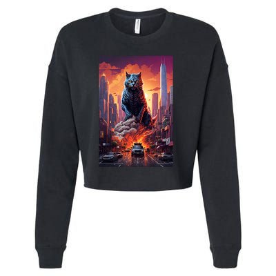 Vintage Black Catzilla Japanese Sunset Cat Art Cat Lover Gift Cropped Pullover Crew