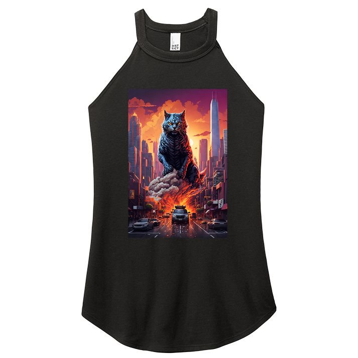 Vintage Black Catzilla Japanese Sunset Cat Art Cat Lover Gift Women's Perfect Tri Rocker Tank