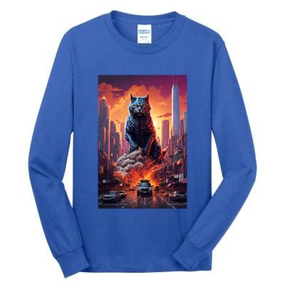 Vintage Black Catzilla Japanese Sunset Cat Art Cat Lover Gift Tall Long Sleeve T-Shirt