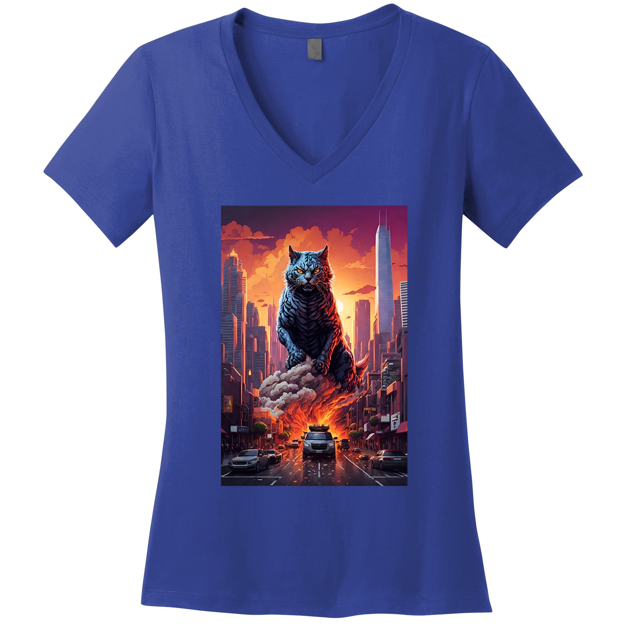 Vintage Black Catzilla Japanese Sunset Cat Art Cat Lover Gift Women's V-Neck T-Shirt
