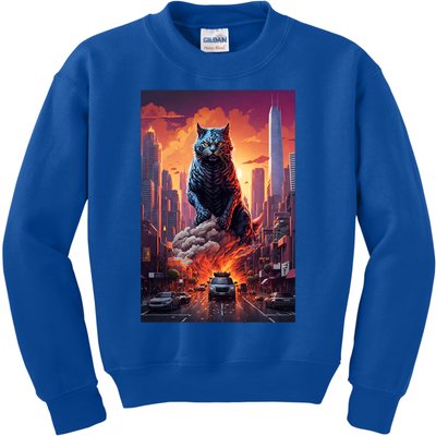 Vintage Black Catzilla Japanese Sunset Cat Art Cat Lover Gift Kids Sweatshirt