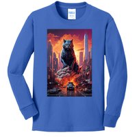 Vintage Black Catzilla Japanese Sunset Cat Art Cat Lover Gift Kids Long Sleeve Shirt