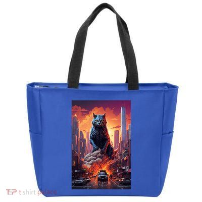 Vintage Black Catzilla Japanese Sunset Cat Art Cat Lover Gift Zip Tote Bag