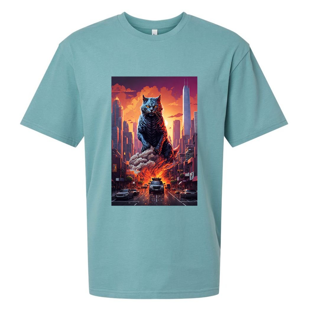 Vintage Black Catzilla Japanese Sunset Cat Art Cat Lover Gift Sueded Cloud Jersey T-Shirt