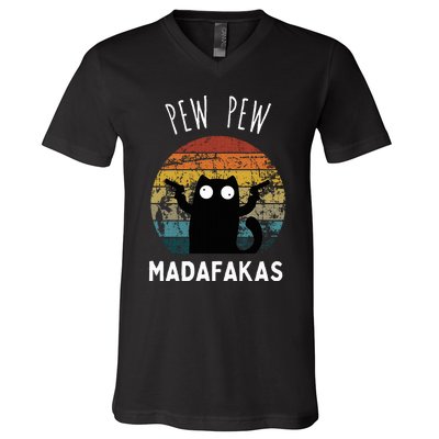 Vintage Black Cat Pew Pew Madafakas V-Neck T-Shirt