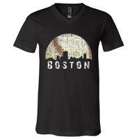 Vintage Boston Cityscape Baseball Lover Women V-Neck T-Shirt