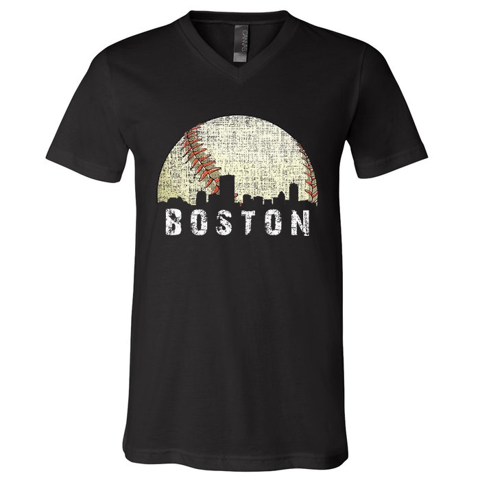 Vintage Boston Cityscape Baseball Lover Women V-Neck T-Shirt