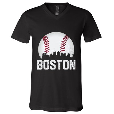 Vintage Boston City Skyline Baseball Game Day Fan V-Neck T-Shirt