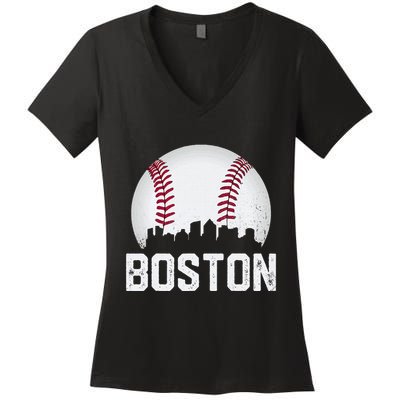 Vintage Boston City Skyline Baseball Game Day Fan Women's V-Neck T-Shirt