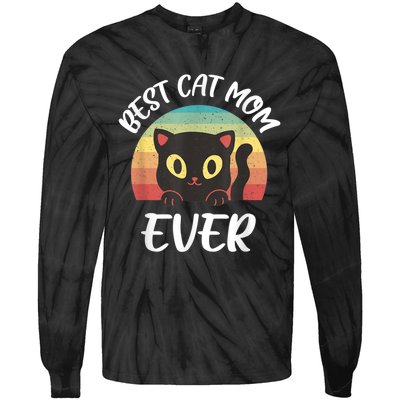 Vintage Best Cat Mom Ever Cat Tee For Women Funny Cat Tie-Dye Long Sleeve Shirt