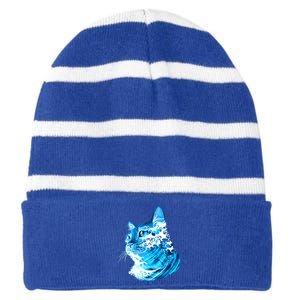 Vote Blue Cat Wave For Kamala Harris 2024 Election Striped Beanie with Solid Band