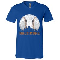 Vintage Baltimore Cityscape Baseball Lover Player And Fans V-Neck T-Shirt