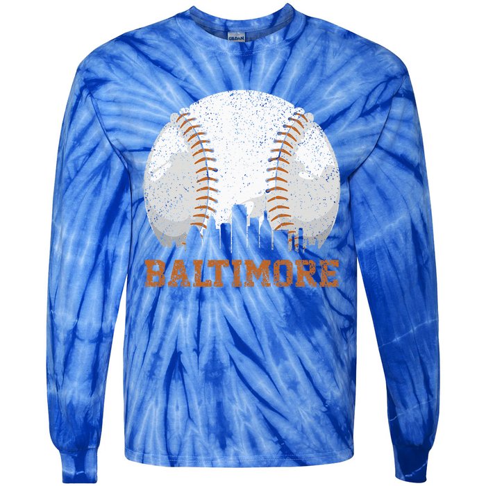 Vintage Baltimore Cityscape Baseball Lover Player And Fans Tie-Dye Long Sleeve Shirt