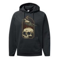 Vintage Black Crow With Skull Ans Moon Performance Fleece Hoodie