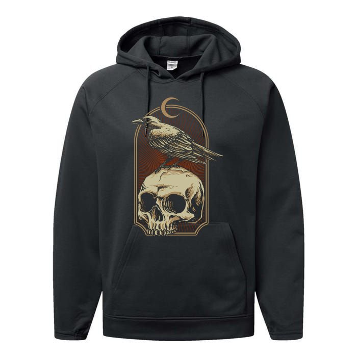 Vintage Black Crow With Skull Ans Moon Performance Fleece Hoodie