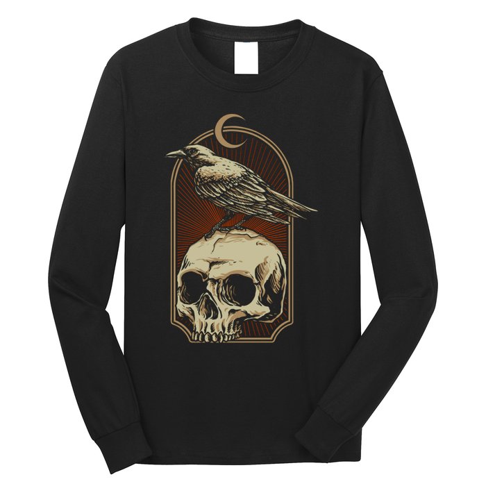 Vintage Black Crow With Skull Ans Moon Long Sleeve Shirt