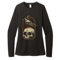 Vintage Black Crow With Skull Ans Moon Womens CVC Long Sleeve Shirt