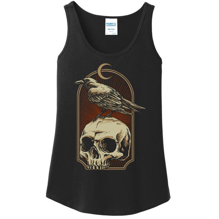 Vintage Black Crow With Skull Ans Moon Ladies Essential Tank