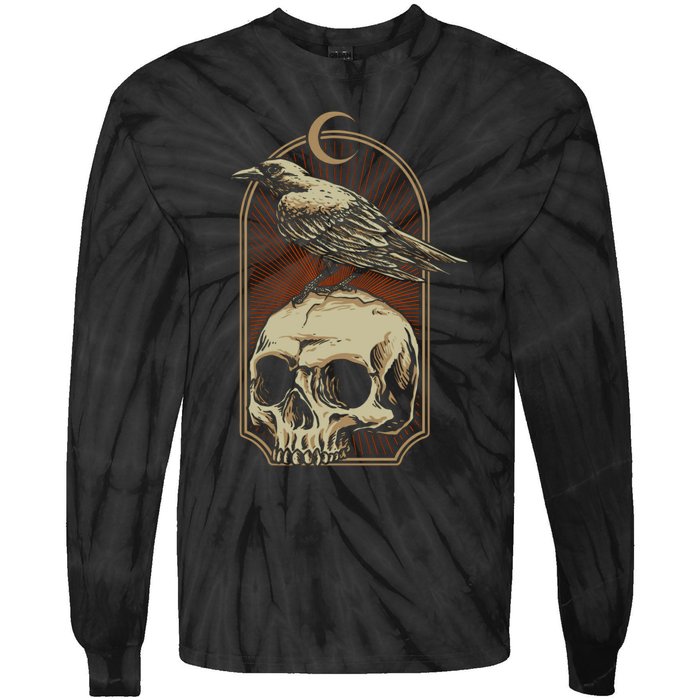 Vintage Black Crow With Skull Ans Moon Tie-Dye Long Sleeve Shirt