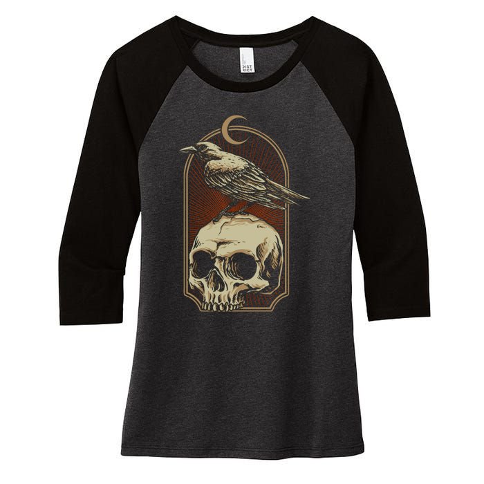 Vintage Black Crow With Skull Ans Moon Women's Tri-Blend 3/4-Sleeve Raglan Shirt