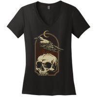 Vintage Black Crow With Skull Ans Moon Women's V-Neck T-Shirt