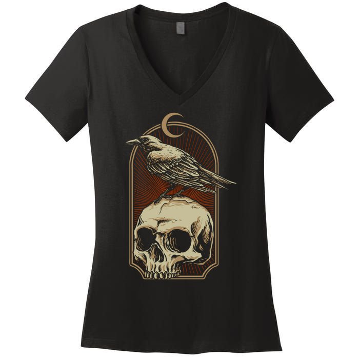 Vintage Black Crow With Skull Ans Moon Women's V-Neck T-Shirt