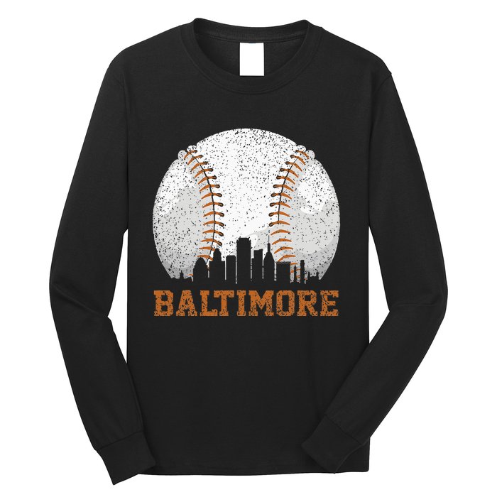 Vintage Baltimore Cityscape Baseball Lover Player And Fans Long Sleeve Shirt