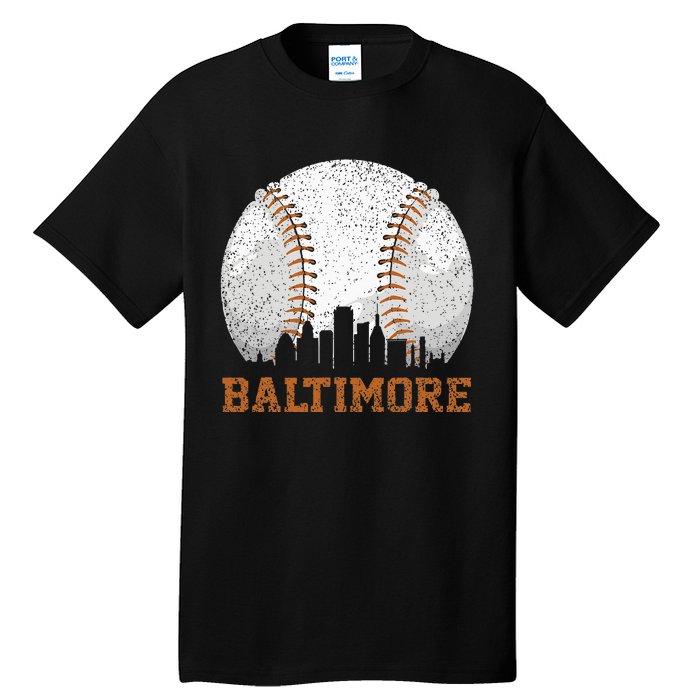 Vintage Baltimore Cityscape Baseball Lover Player And Fans Tall T-Shirt