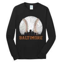 Vintage Baltimore Cityscape Baseball Lover Player And Fans Tall Long Sleeve T-Shirt