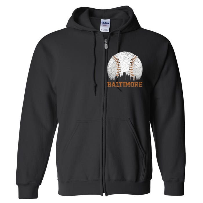 Vintage Baltimore Cityscape Baseball Lover Player And Fans Full Zip Hoodie