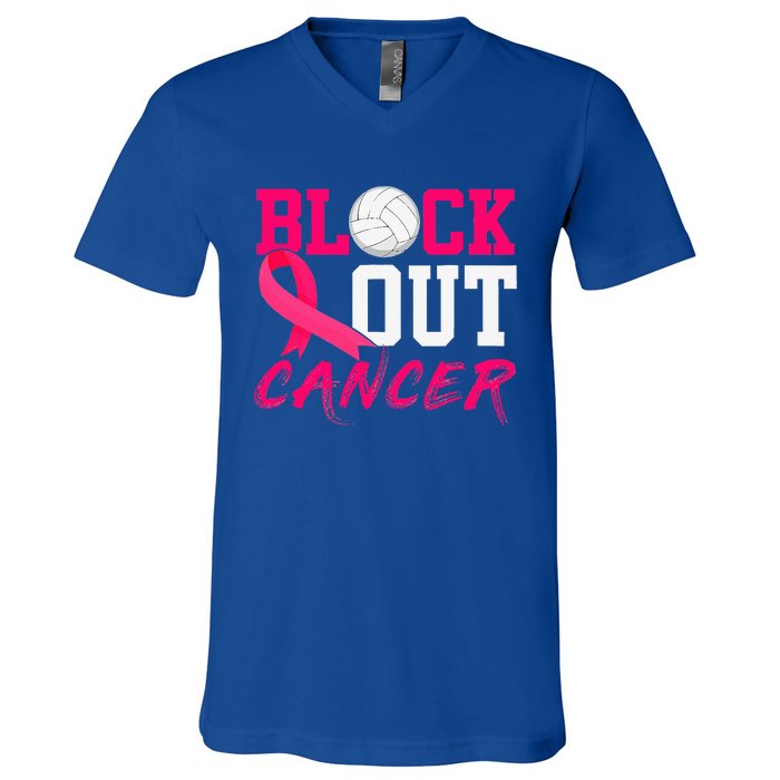 Volleyball Breast Cancer Awareness Block Out Cancer V-Neck T-Shirt