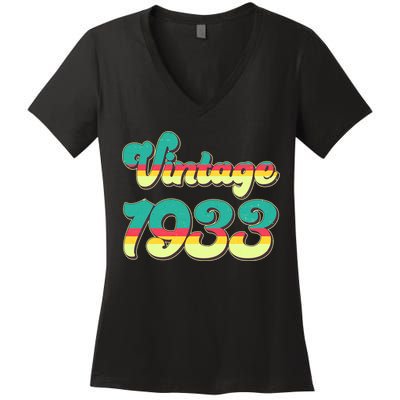Vintage Bright Colors 1933 90th Birthday Women's V-Neck T-Shirt