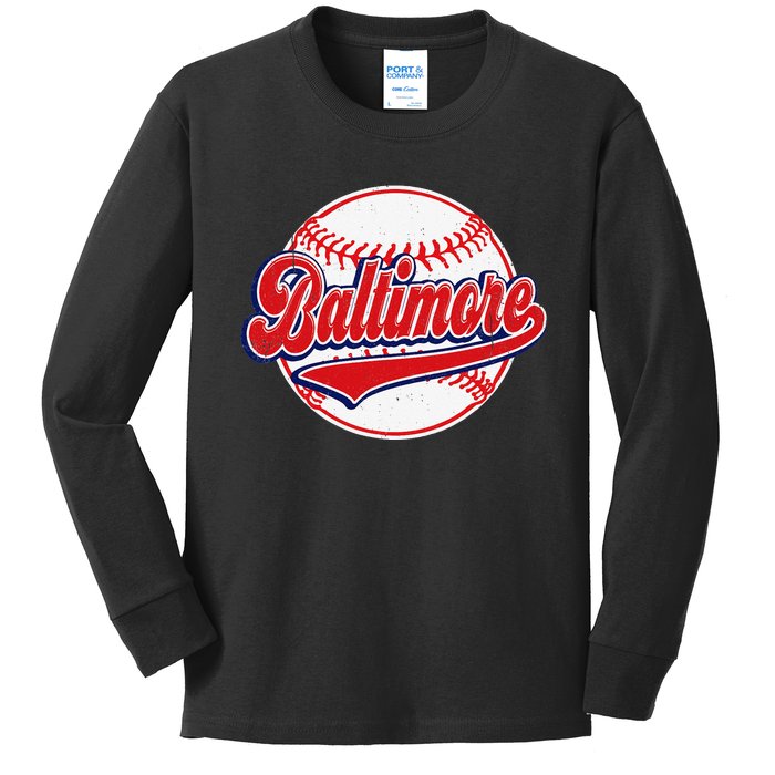 Vintage Baltimore Cityscape Baseball Lover Player and Fans Kids Long Sleeve Shirt