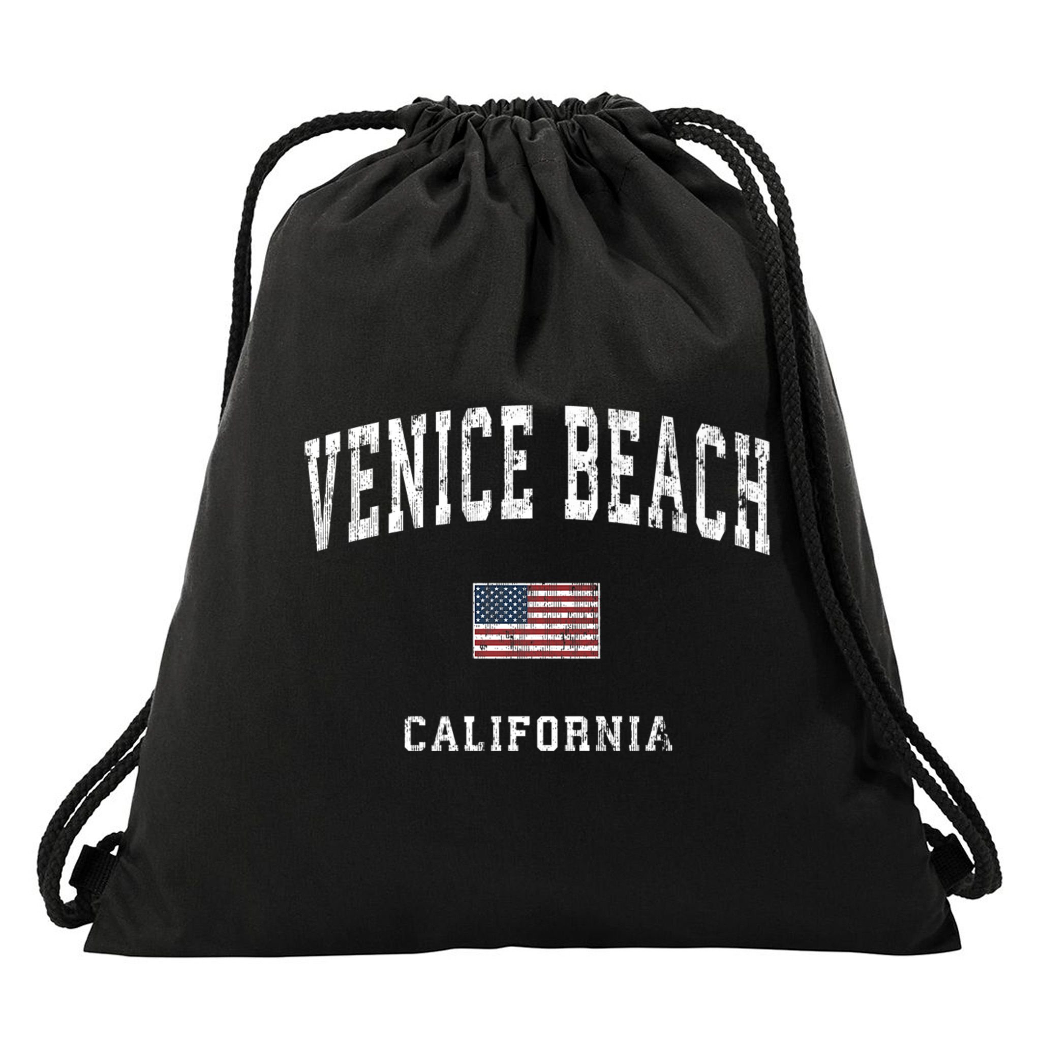 Venice Beach California Ca Vintage American Flag Sports Drawstring Bag